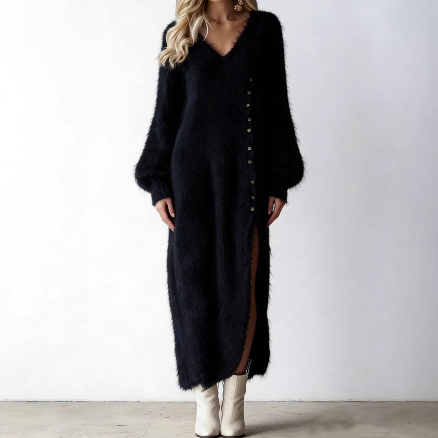 V-Neck Loose Button Slit Dress – Long Sleeve Midi