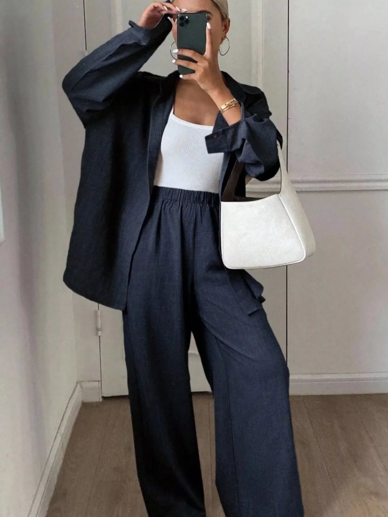 Button Up Long Sleeve Shirt and Wide Leg Pants Set