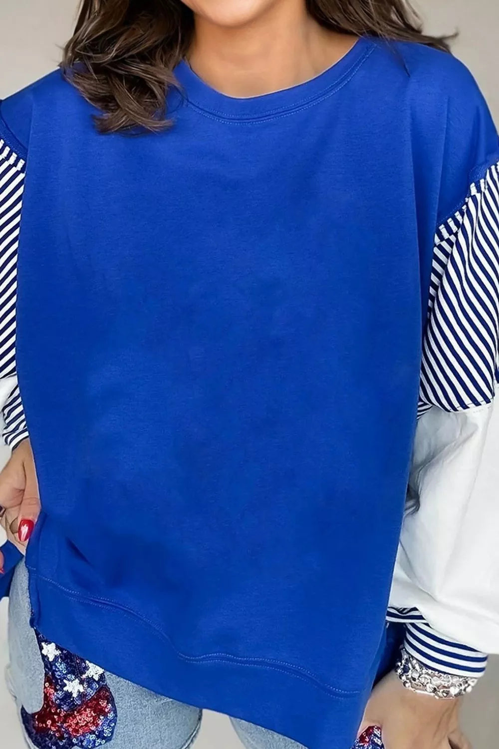 Leopard and Striped Patchwork Sleeves Sweatshirt