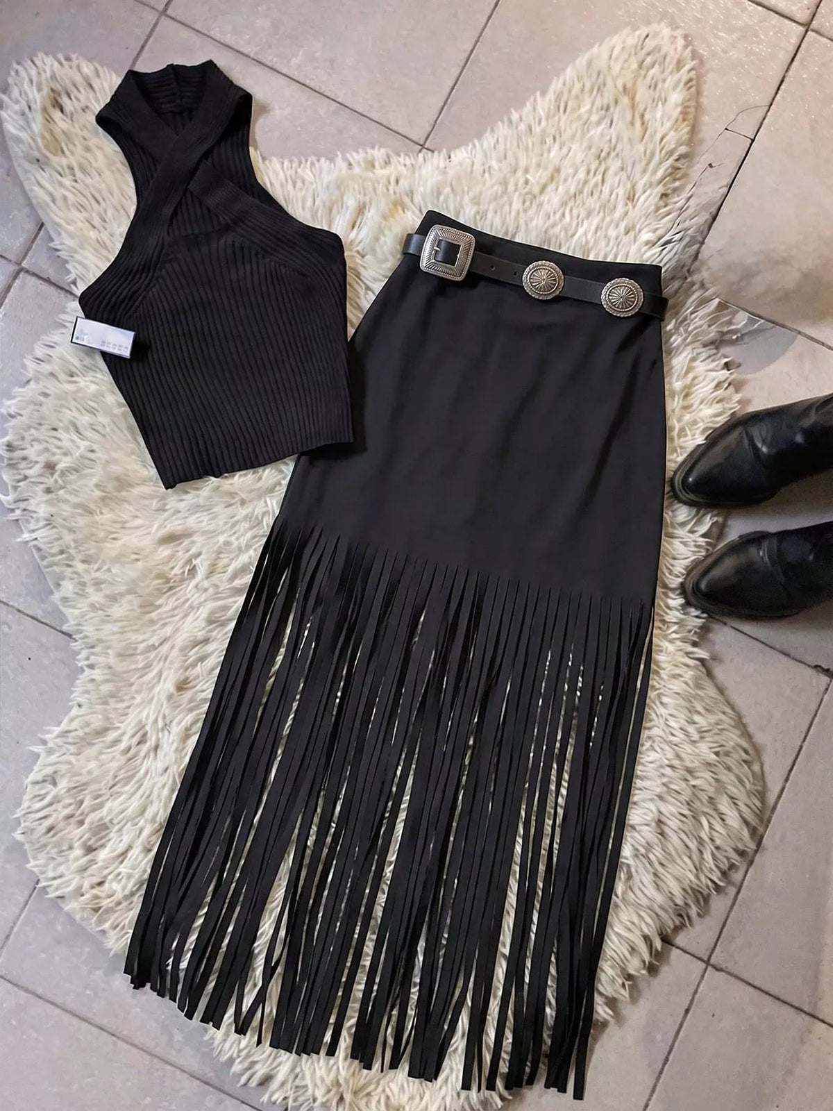 High-Waisted Fringe Midi Skirt