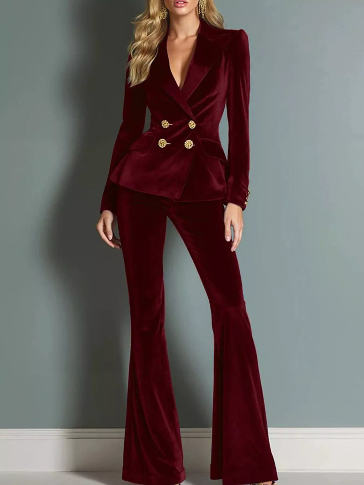 Velvet Double-Breasted Blazer and Flared Pants Set