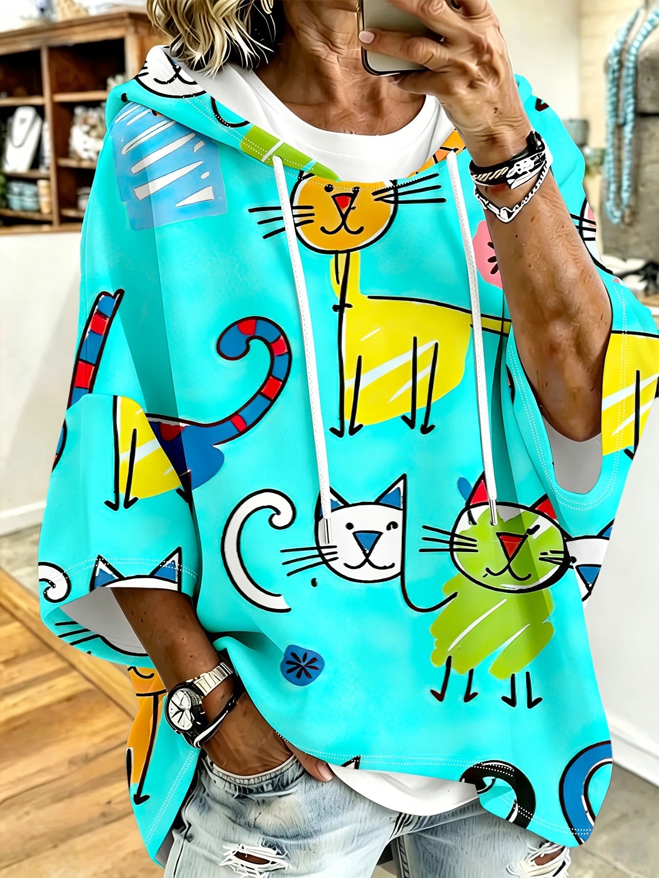 Cartoon Cat Print Hoodie with 3/4 Sleeves & Drawstring