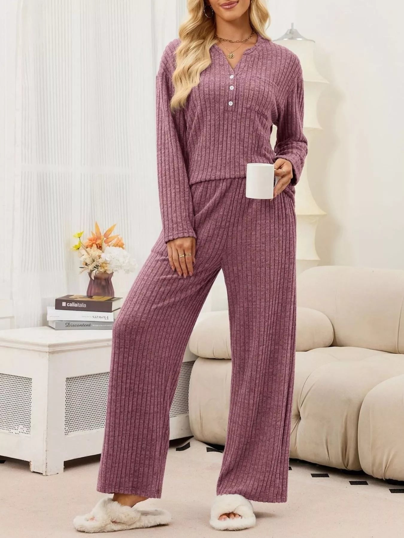 Ribbed Knit Top and Wide-Leg Pants Set