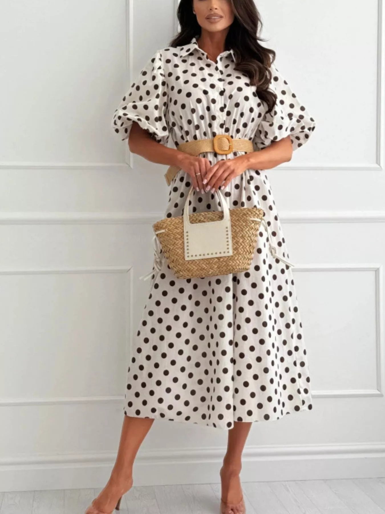 Polka Dot Puff Sleeve Midi Dress