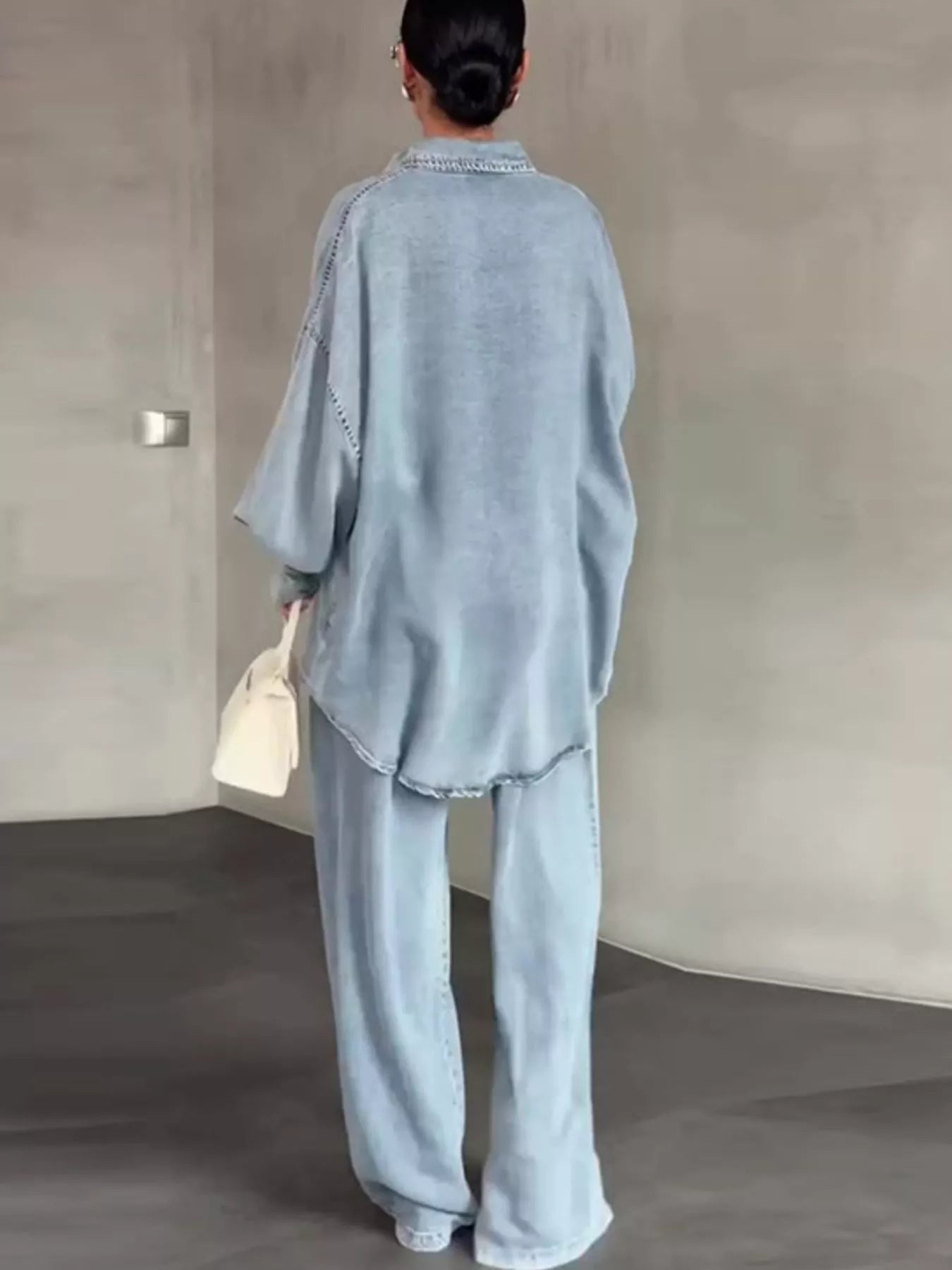 Wash Button Up Shirt and Wide-Leg Pants Denim Set