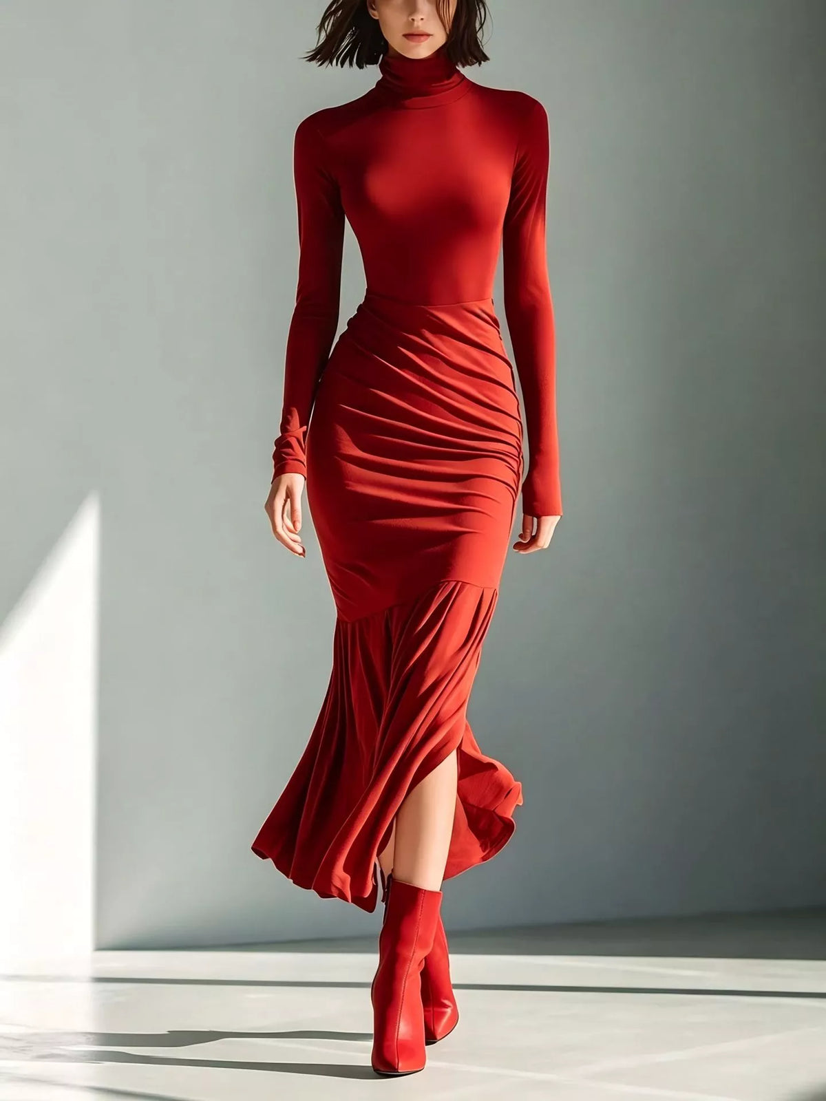 Full Size Slit Turtleneck Ruched Bodycon Mermaid Dress Plus Size