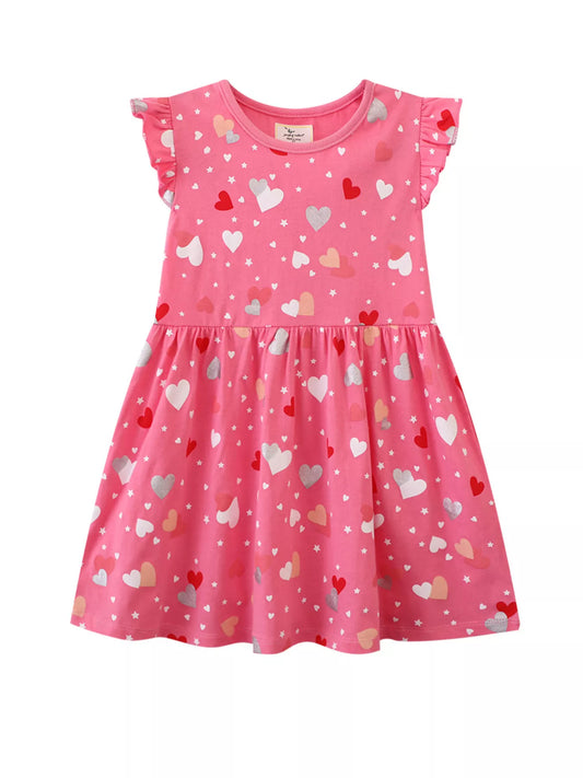 Children's Heart Print Ruffle Sleeve Casual Dress