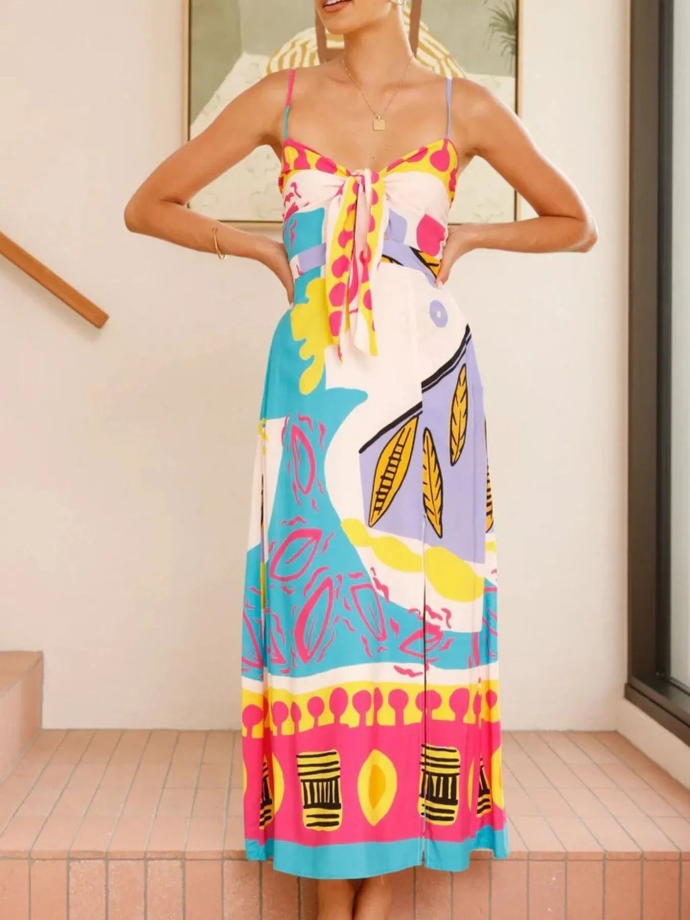 Tied Front Printed Slit Maxi Cami Dress