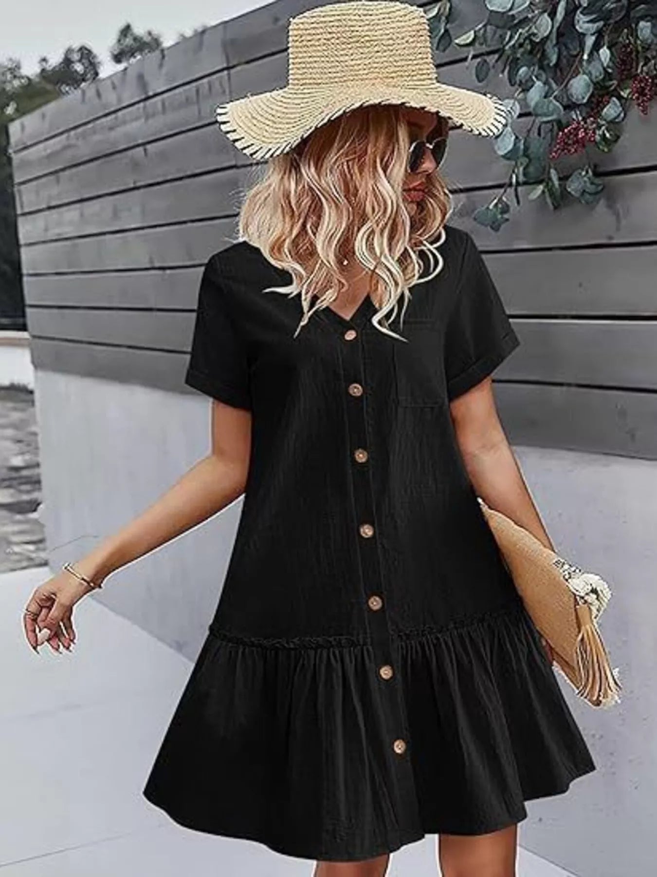 Full Size Button-Down Ruffle Hem Mini Dress Plus Size