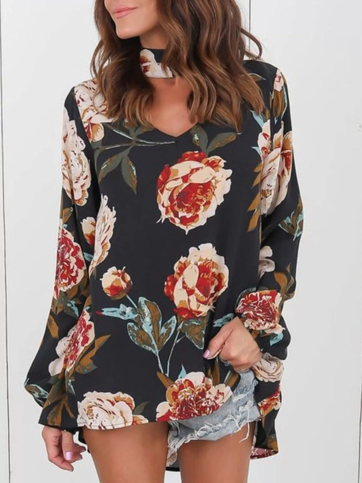 Full Size Floral Print Choker Neck Long Sleeve Blouse Plus Size