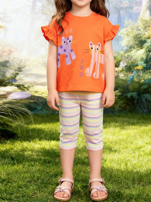 Children's Cats Graphic Tee & Striped Capri Set