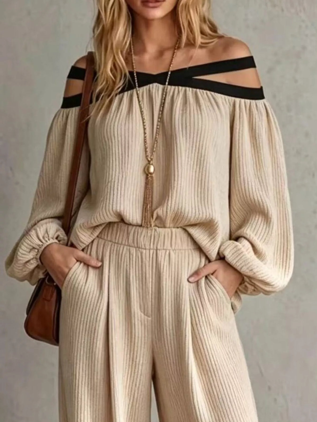 Off-Shoulder Crisscross Cutout Ribbed Knit Top and Wide-Leg Pants Set
