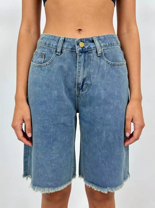 Frayed Hem Relaxed Fit Denim Shorts