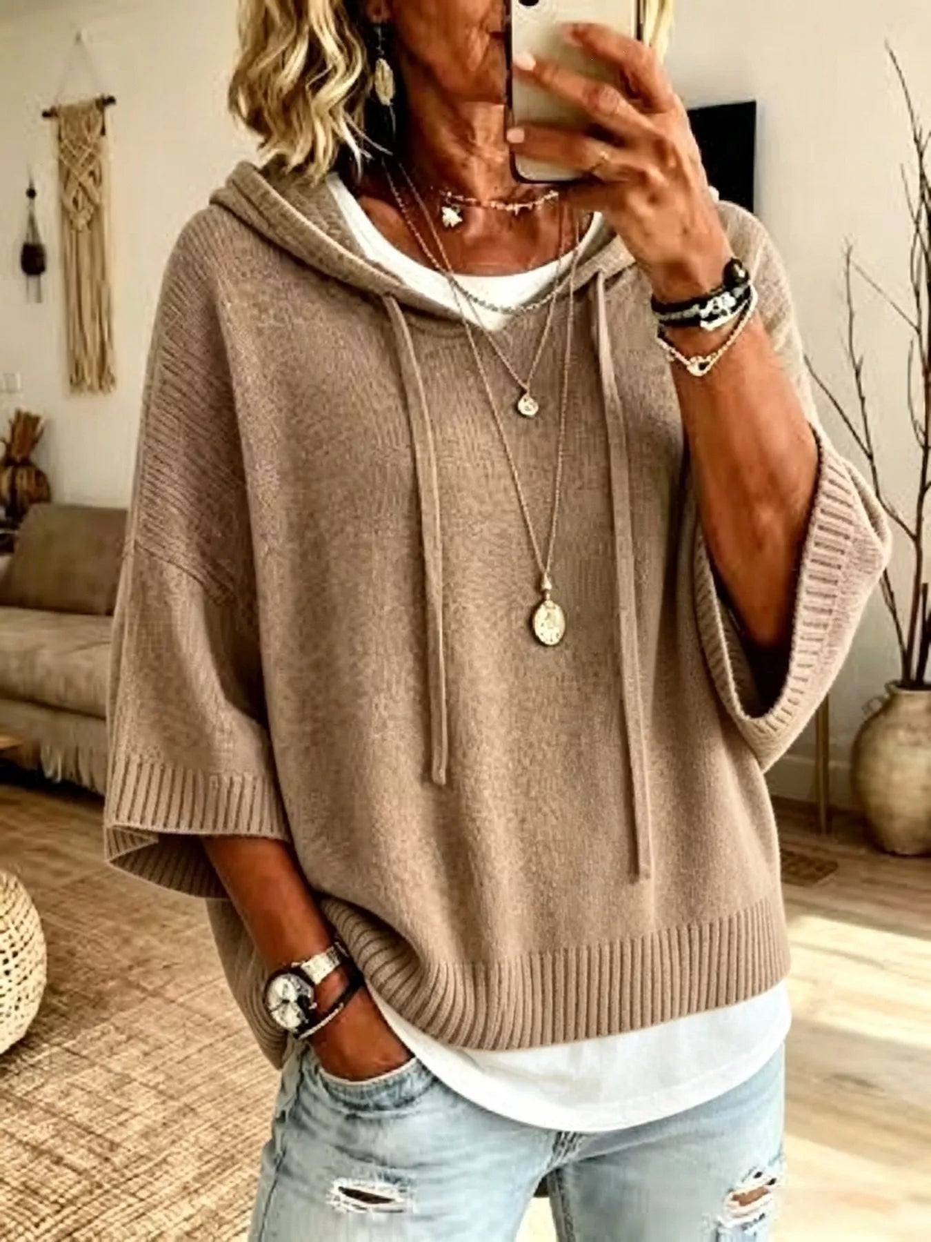 Full Size Casual Hooded Batwing Sleeve Knit Sweater Plus Size