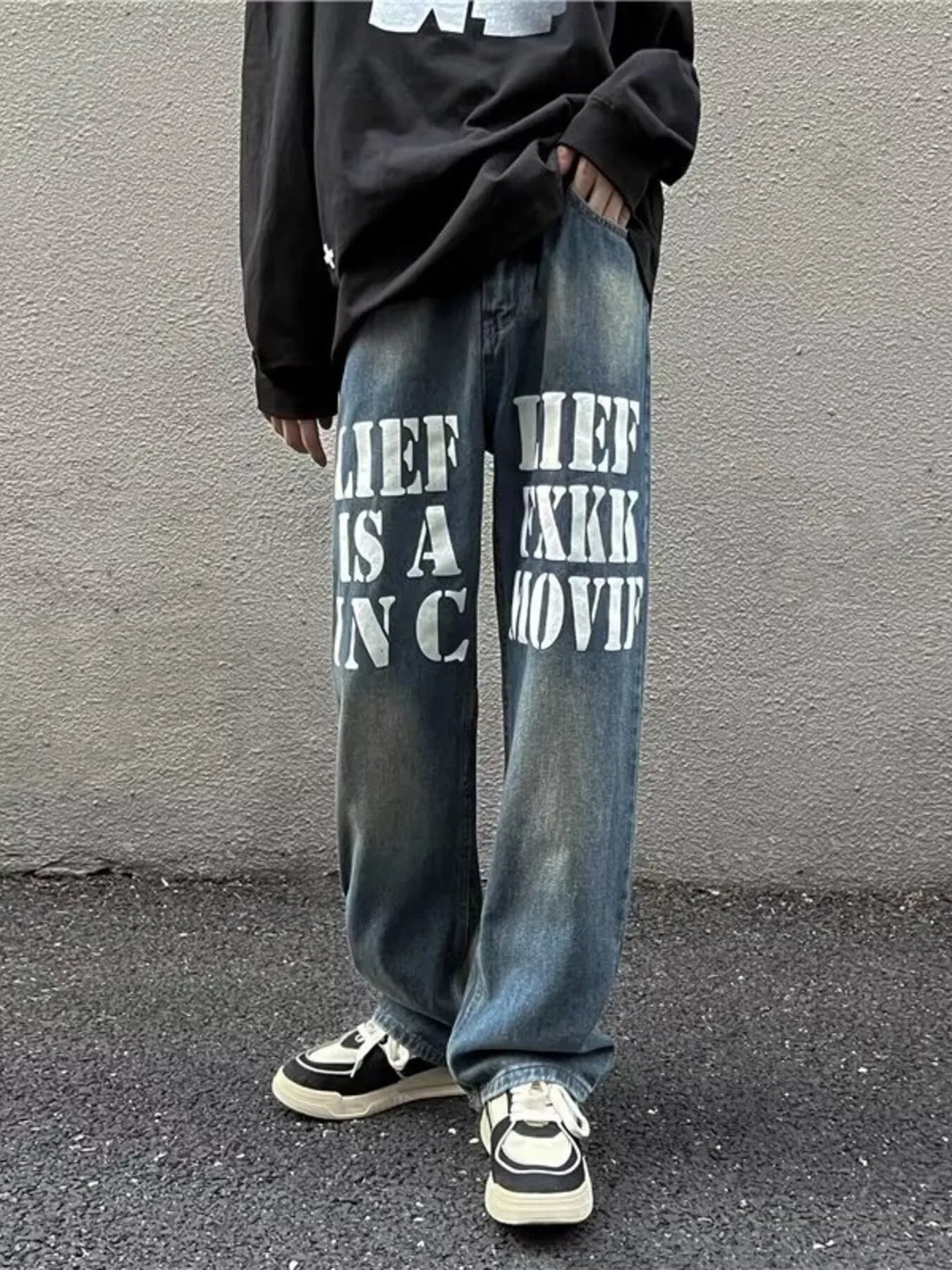 Men's Full Size Letter Graphic Wide Leg Jeans Plus Size