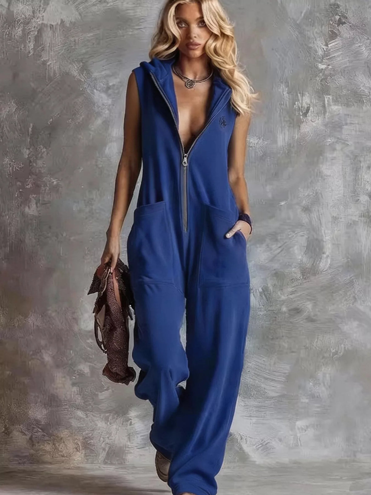 Sleeveless Hooded Zip-Front Casual Jumpsuit