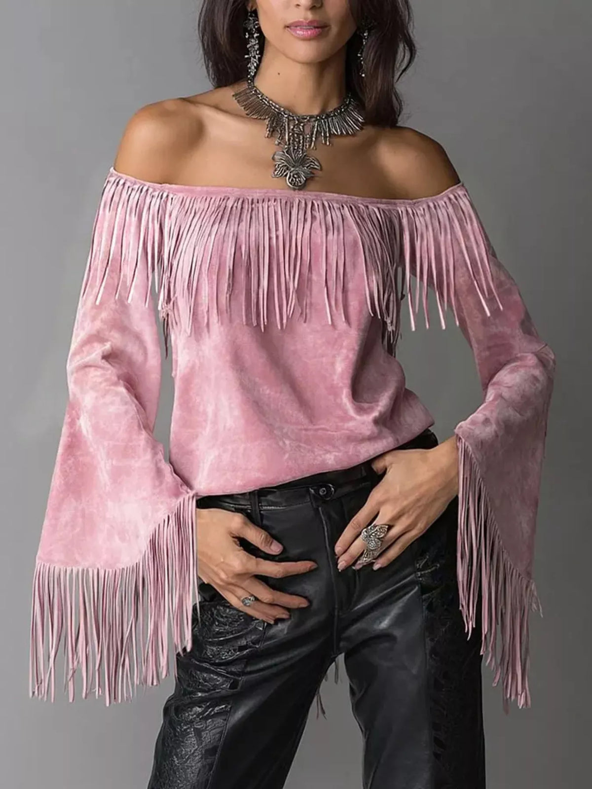 Full Size Fringed Off-Shoulder T-Shirt Plus Size