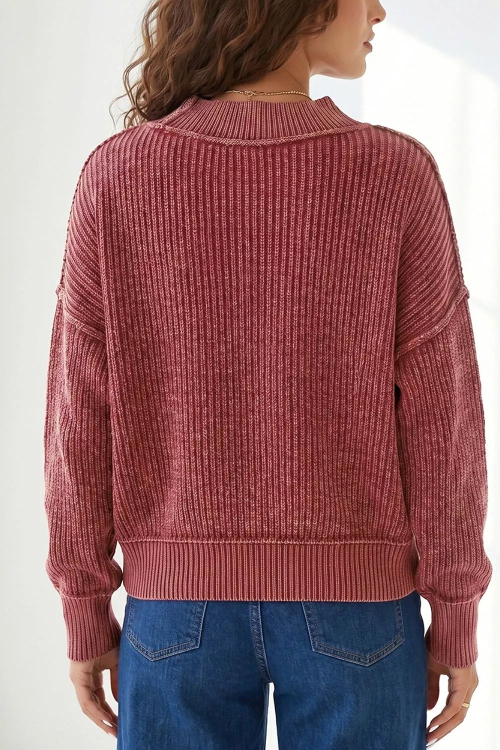 Drop Shoulder High Neck Ribbed Sweater