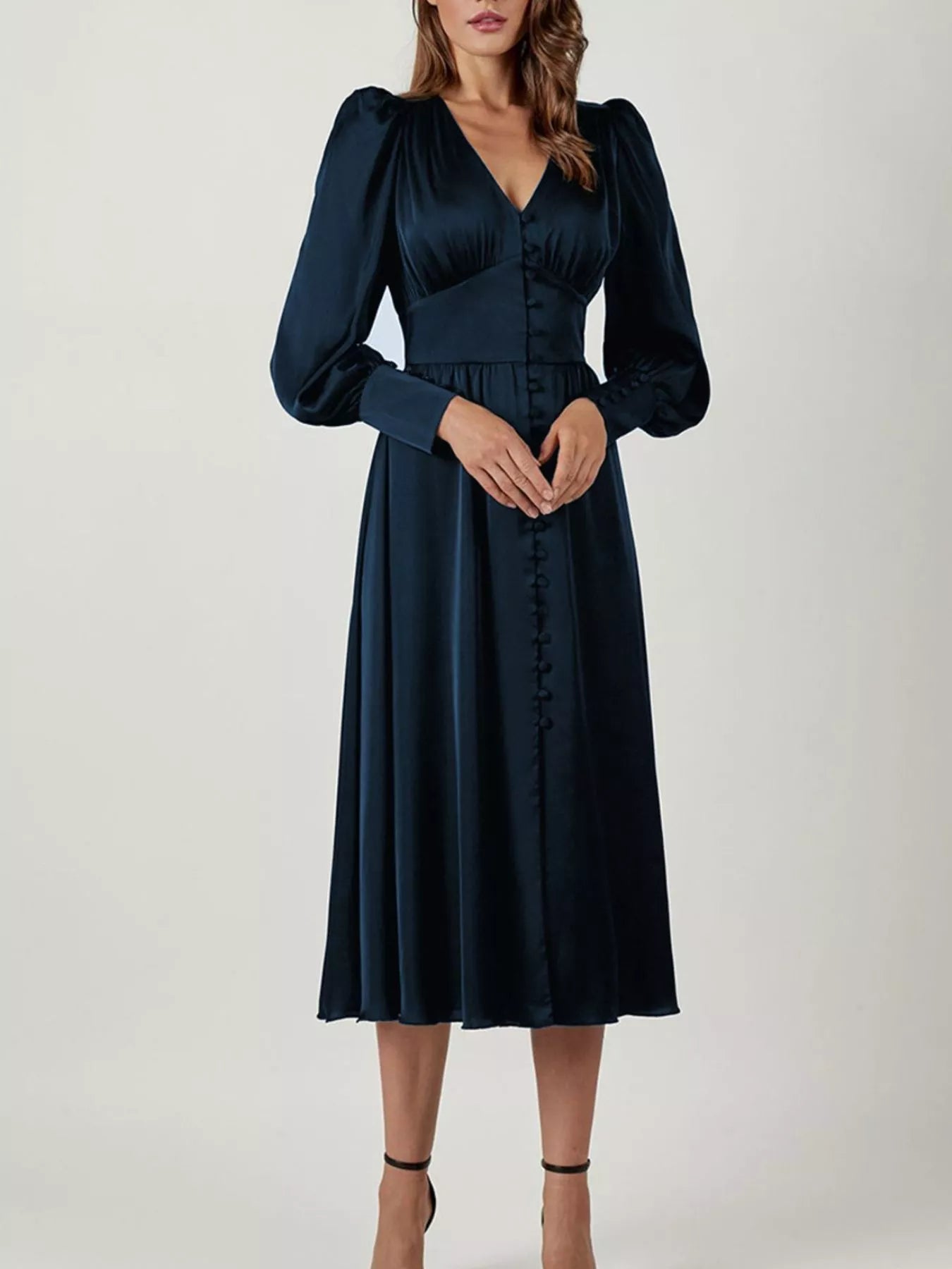 Elegant V-Neck Puff Sleeve Button-Down Midi Dress
