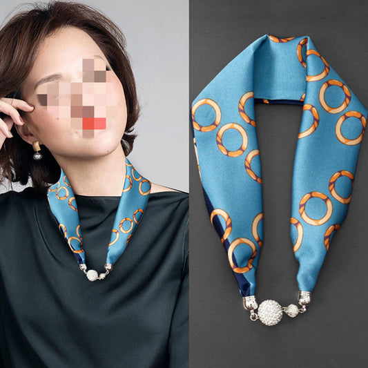Magnetic Buckle Silk Women Scarf Pearl Necklace (See size chart where applicable)