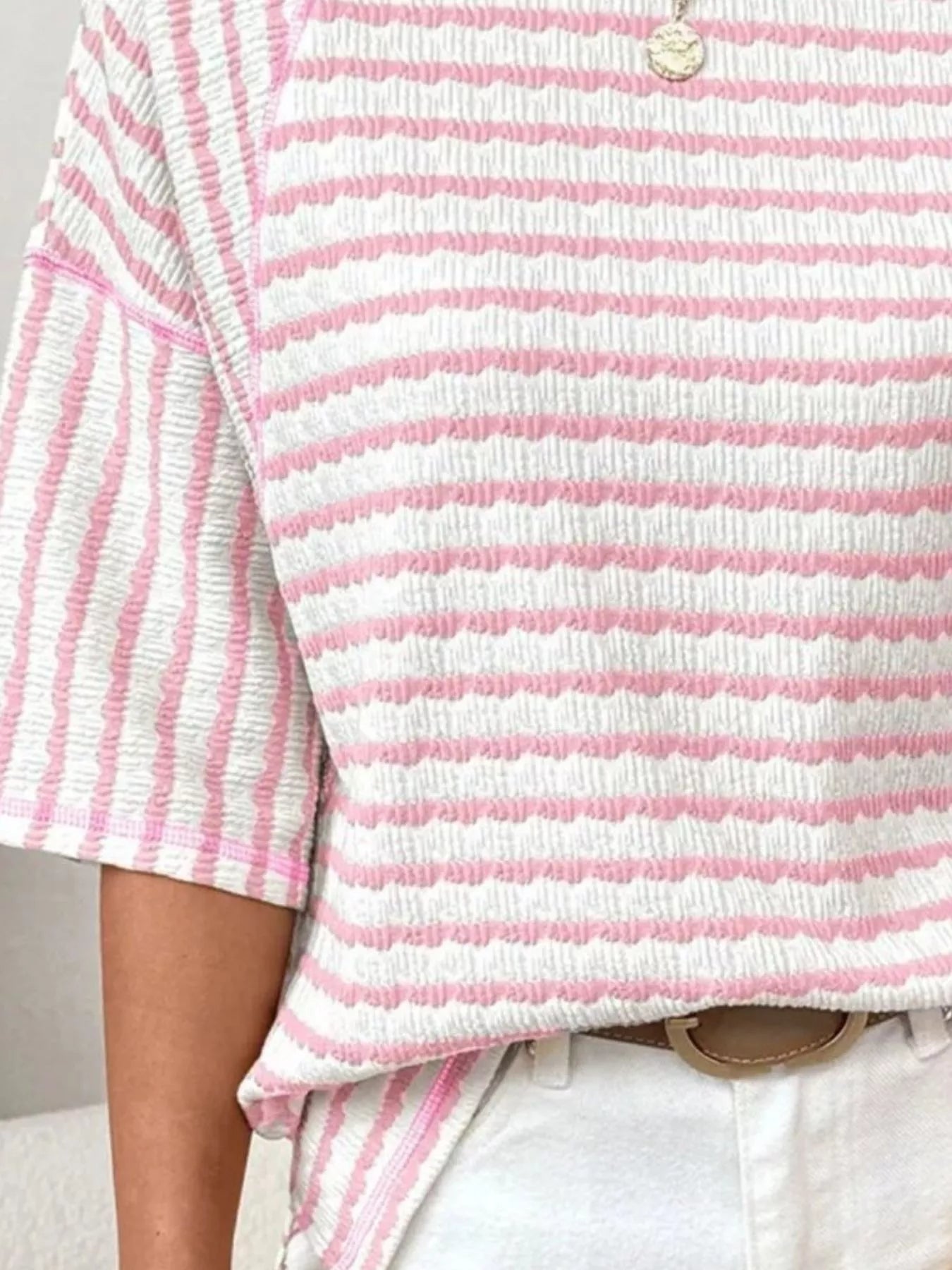 Casual Striped Raglan Sleeve Textured T-Shirt