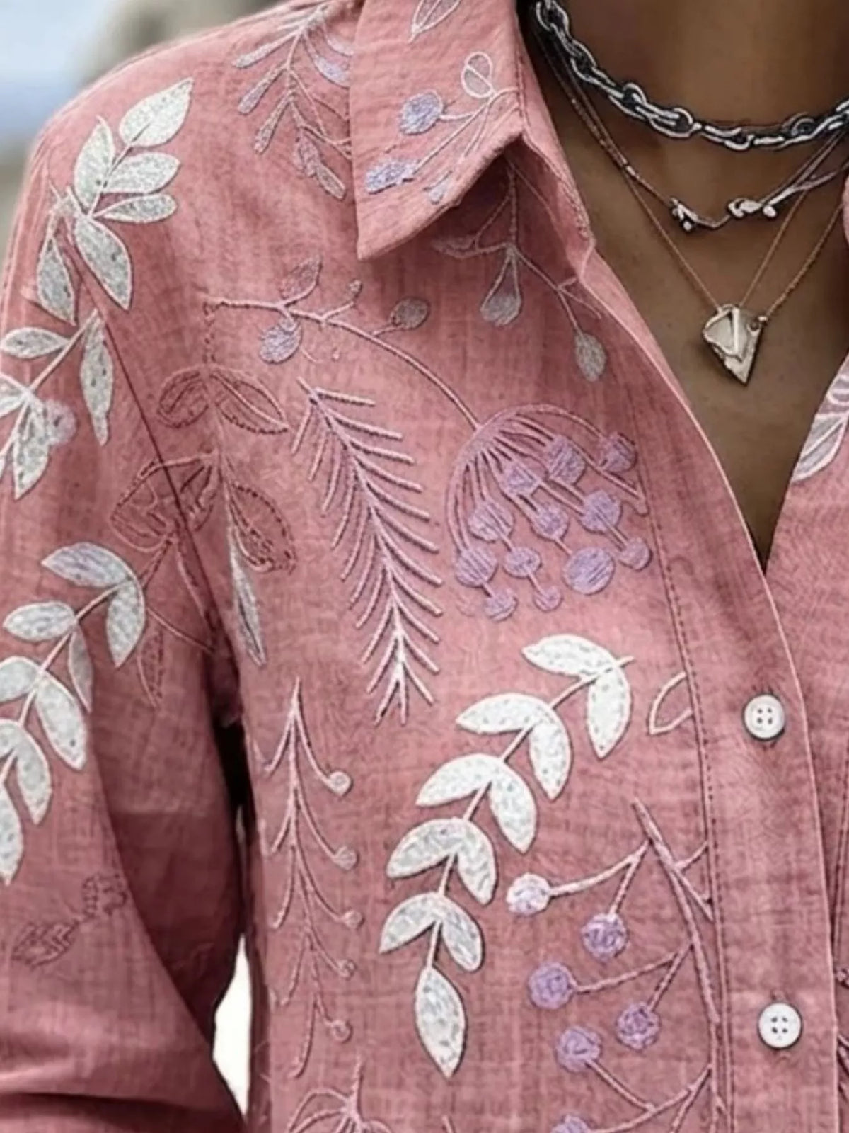 Full Size Leaf Embroidered Button-Down Shirt Plus Size