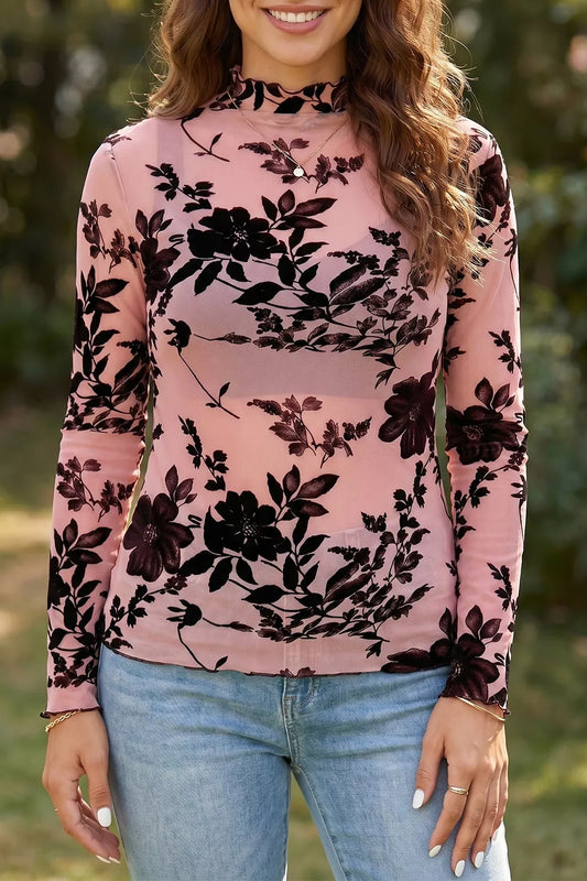 Floral Print Mesh Long Sleeve Pullover Blouse