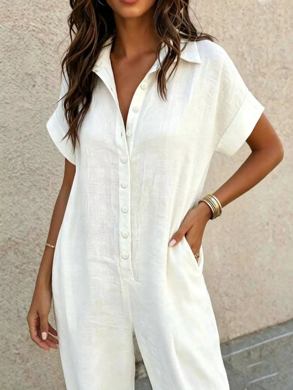 Button Front Short Sleeve Jumpsuit