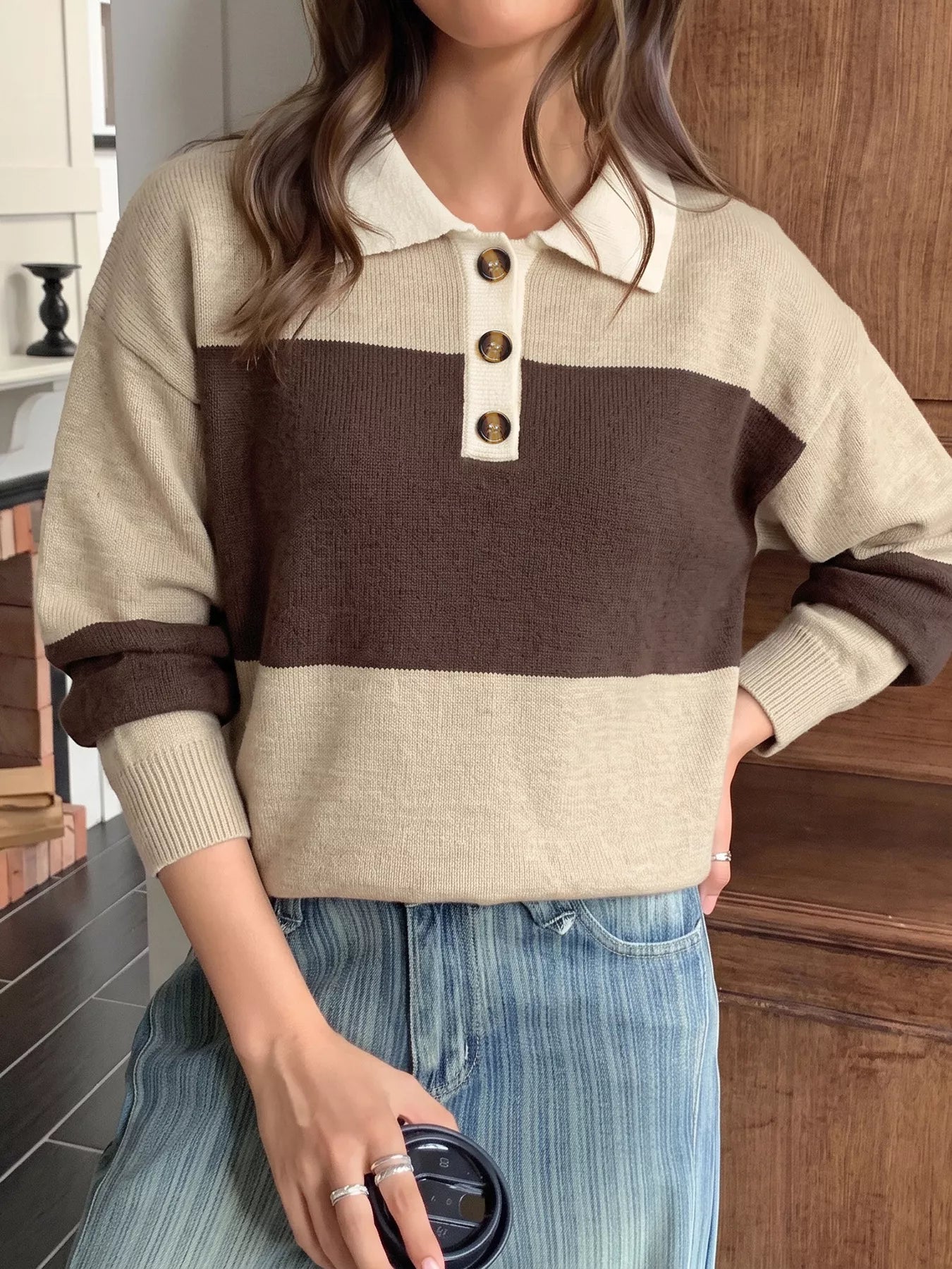 Color Block Polo Collar Sweater
