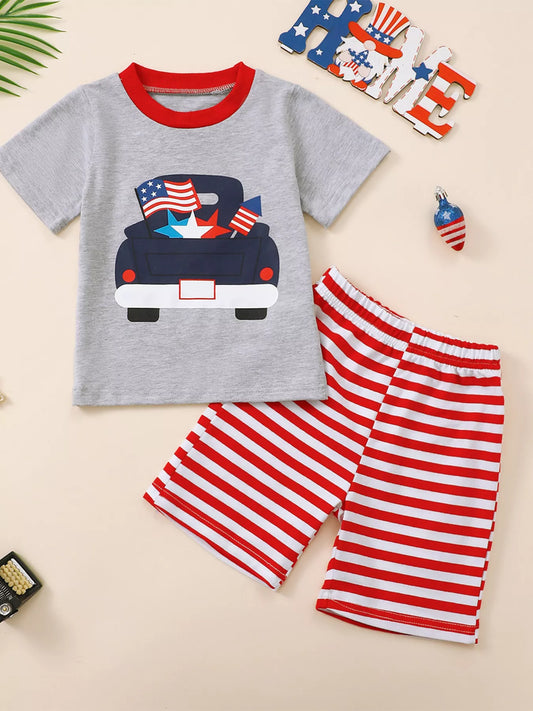 Children's Truck Graphic T-Shirt and Striped Shorts Set