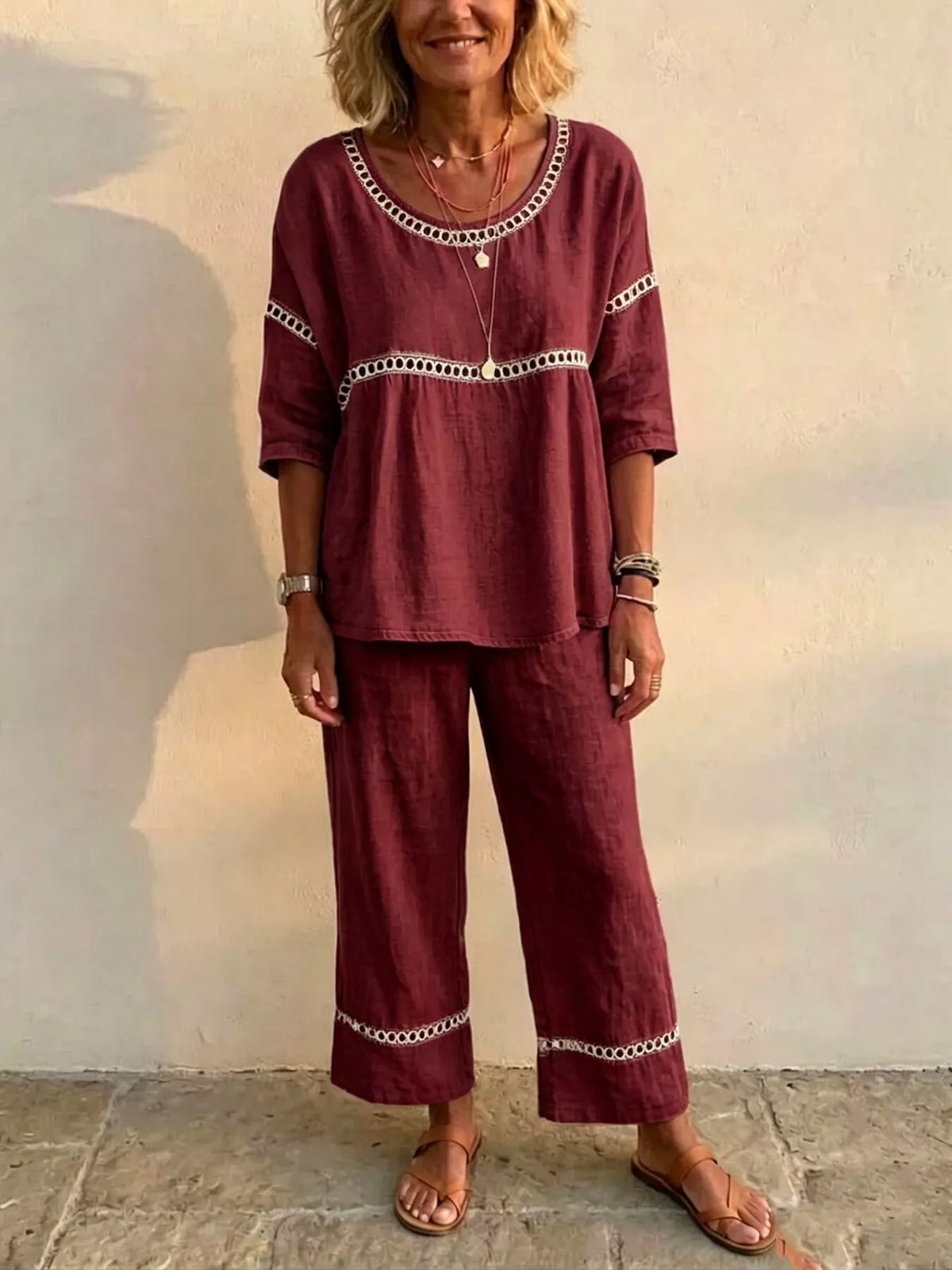 Full Size Hollow-Out Detailing Top and Pants Set Plus Size