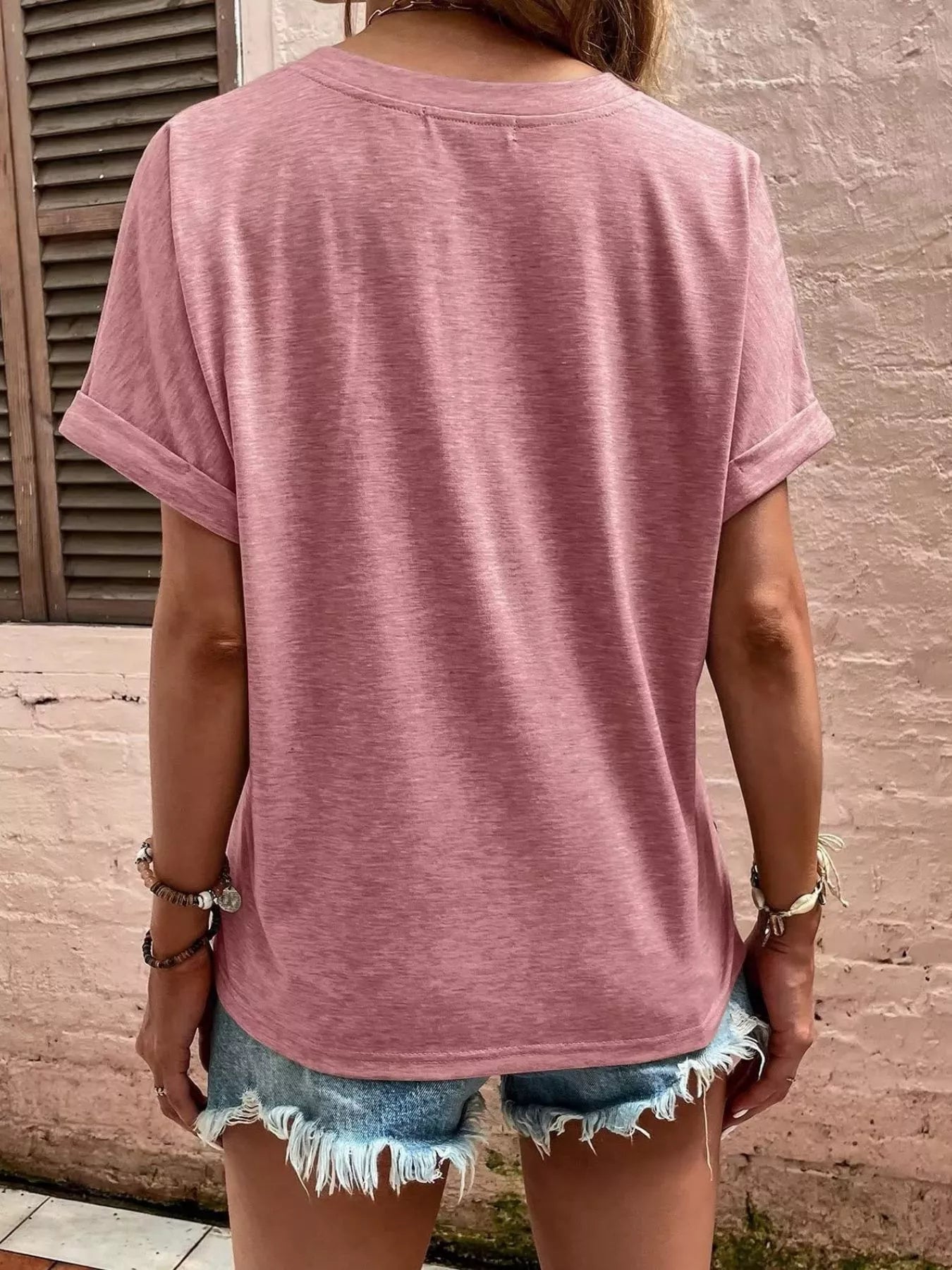 Full Size Notched T-Shirt with Rolled Sleeves Plus Size