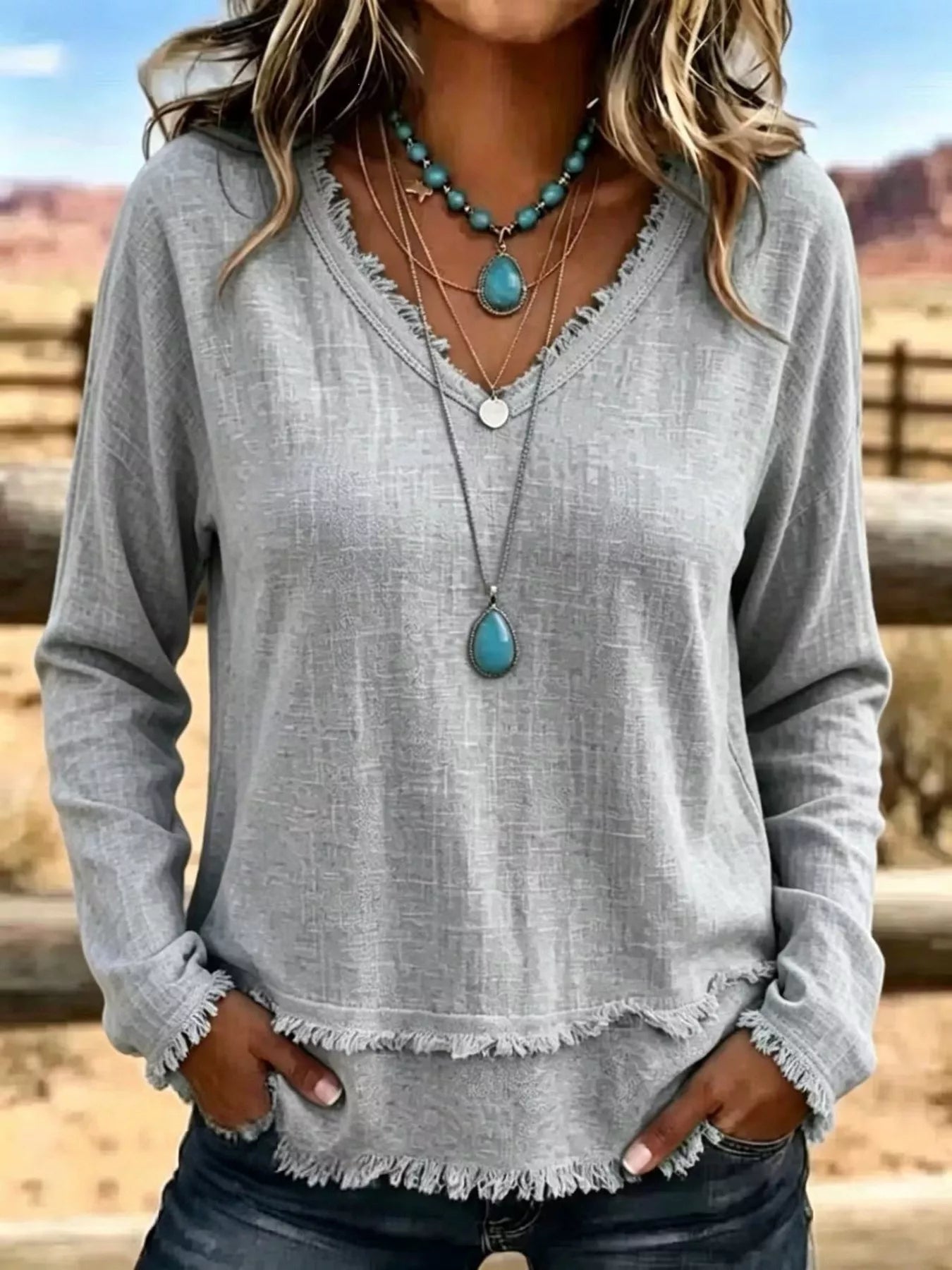 V-Neck Frayed Hem Long Sleeve T-Shirt