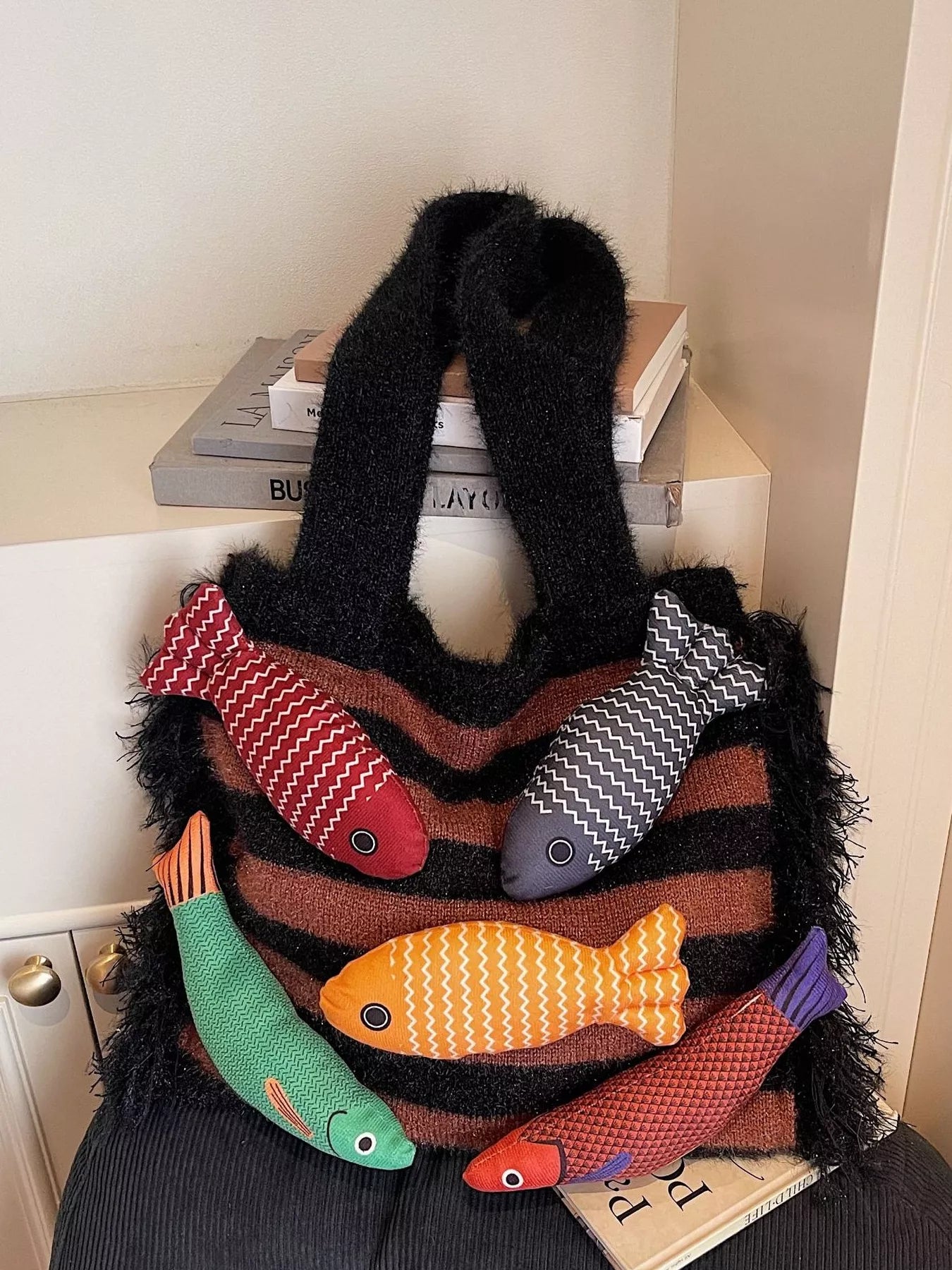 Fish Decor Striped Knit Handbag