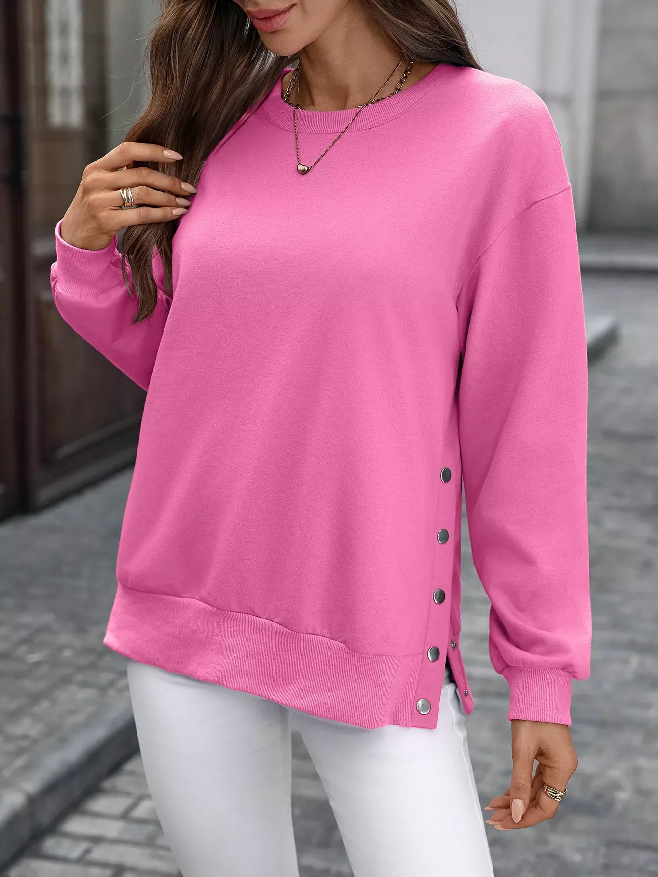 Side Snap Round Neck Sweatshirt