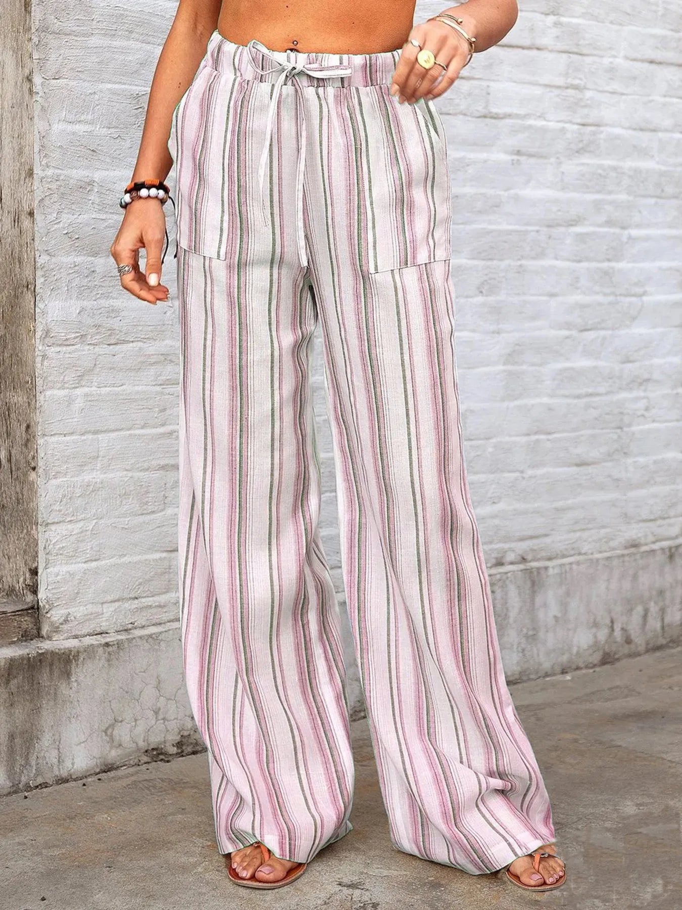 Full Size Striped Wide Leg Pants Plus Size