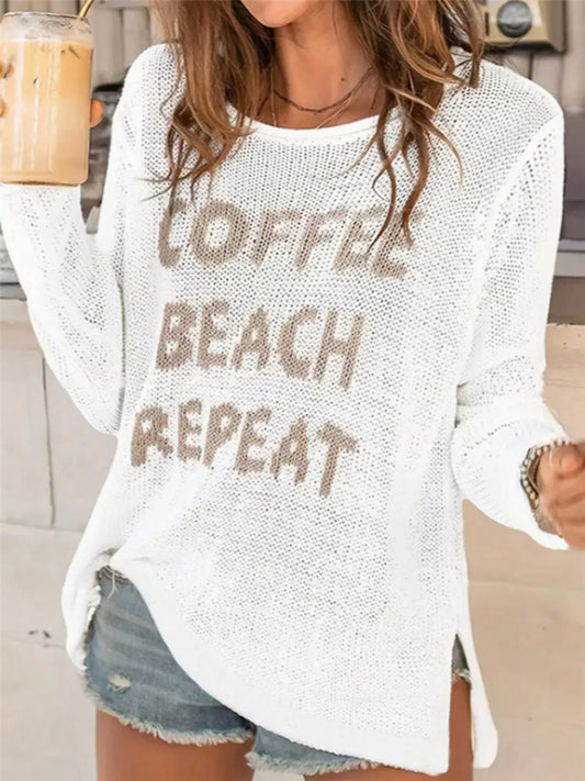 Coffee Beach Letter Side Slit Knit Top