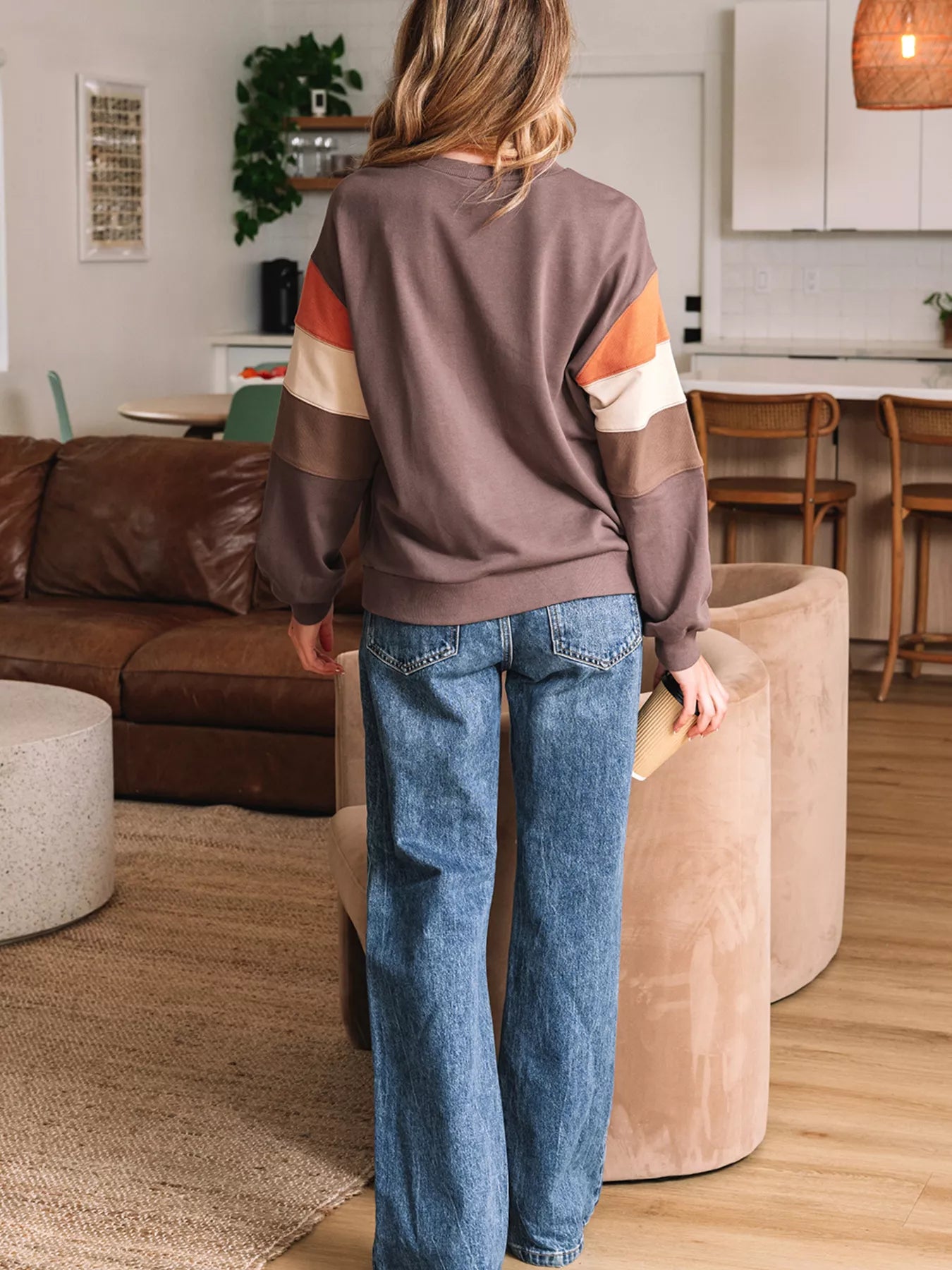 Color Block Drop Shoulder Pullover Casual Sweatshirt