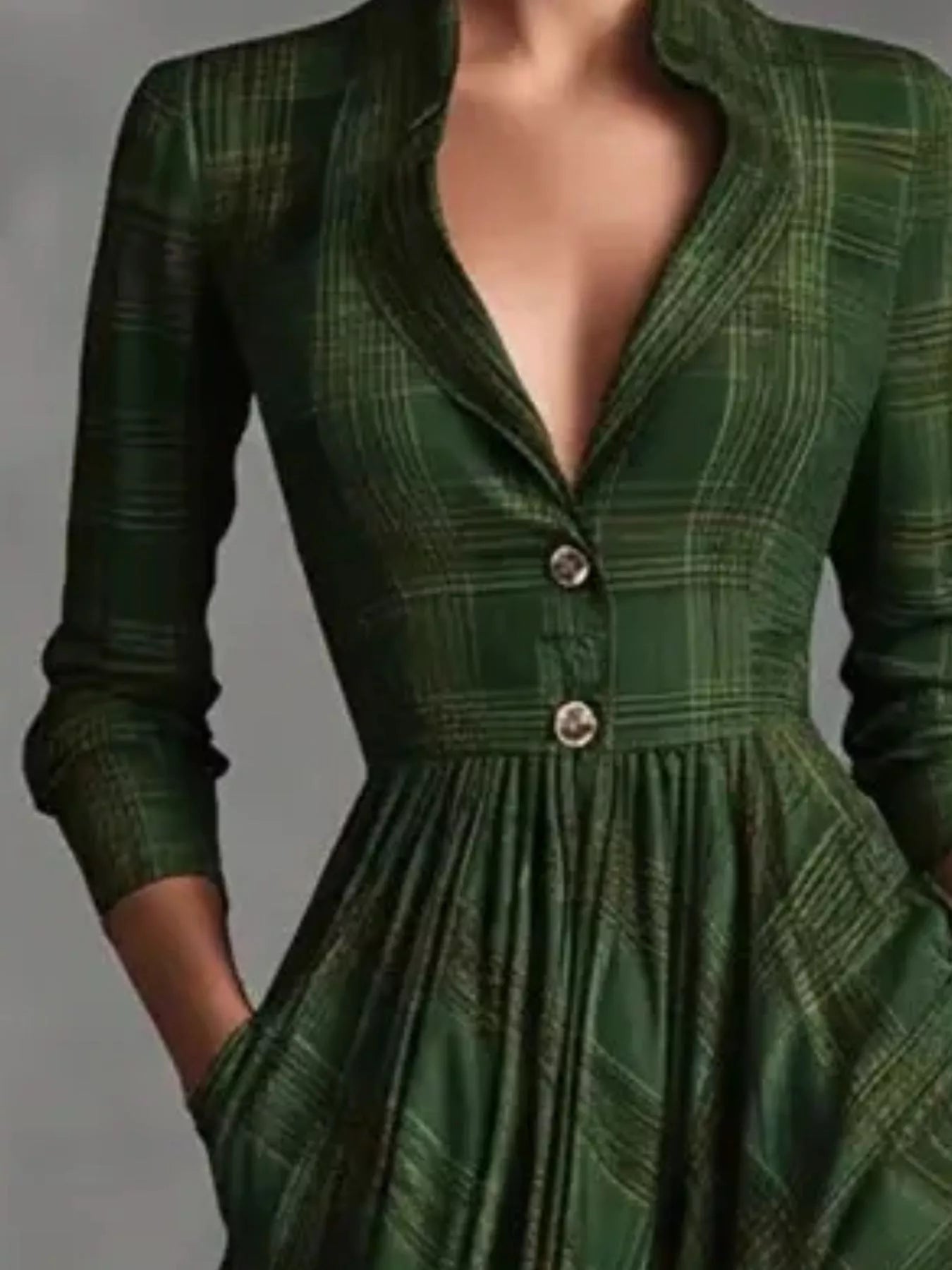 Plaid Lapel Maxi Dress with Pockets