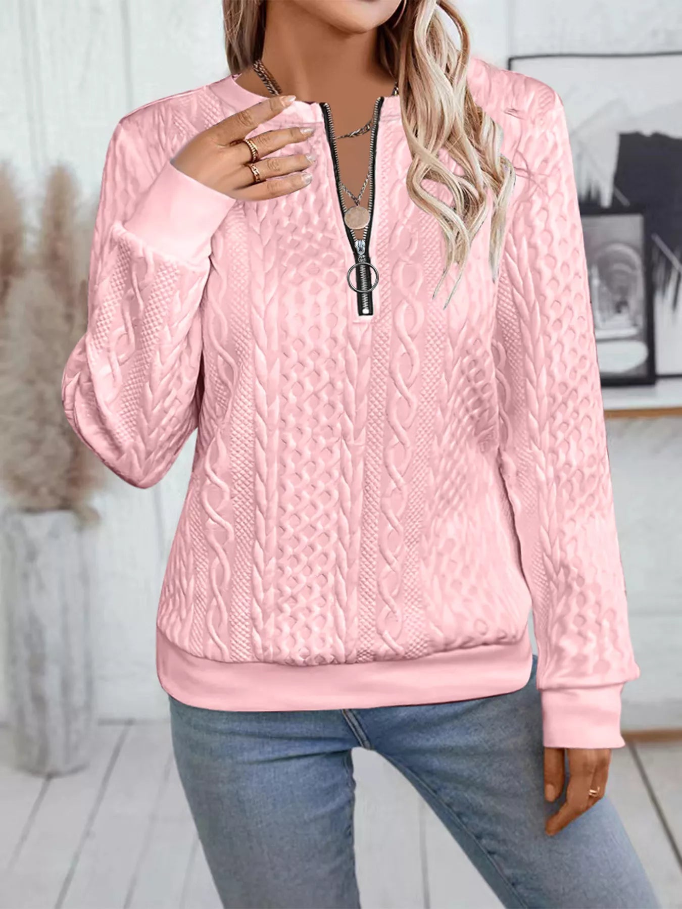 Chic Cable Texture Quarter-Zip Sweatshirt