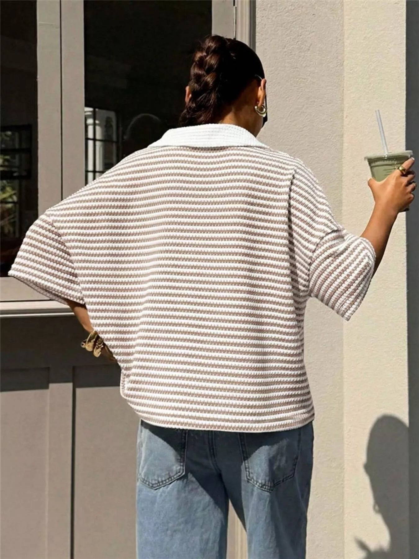 Striped Knit 3/4 Sleeve Polo Top