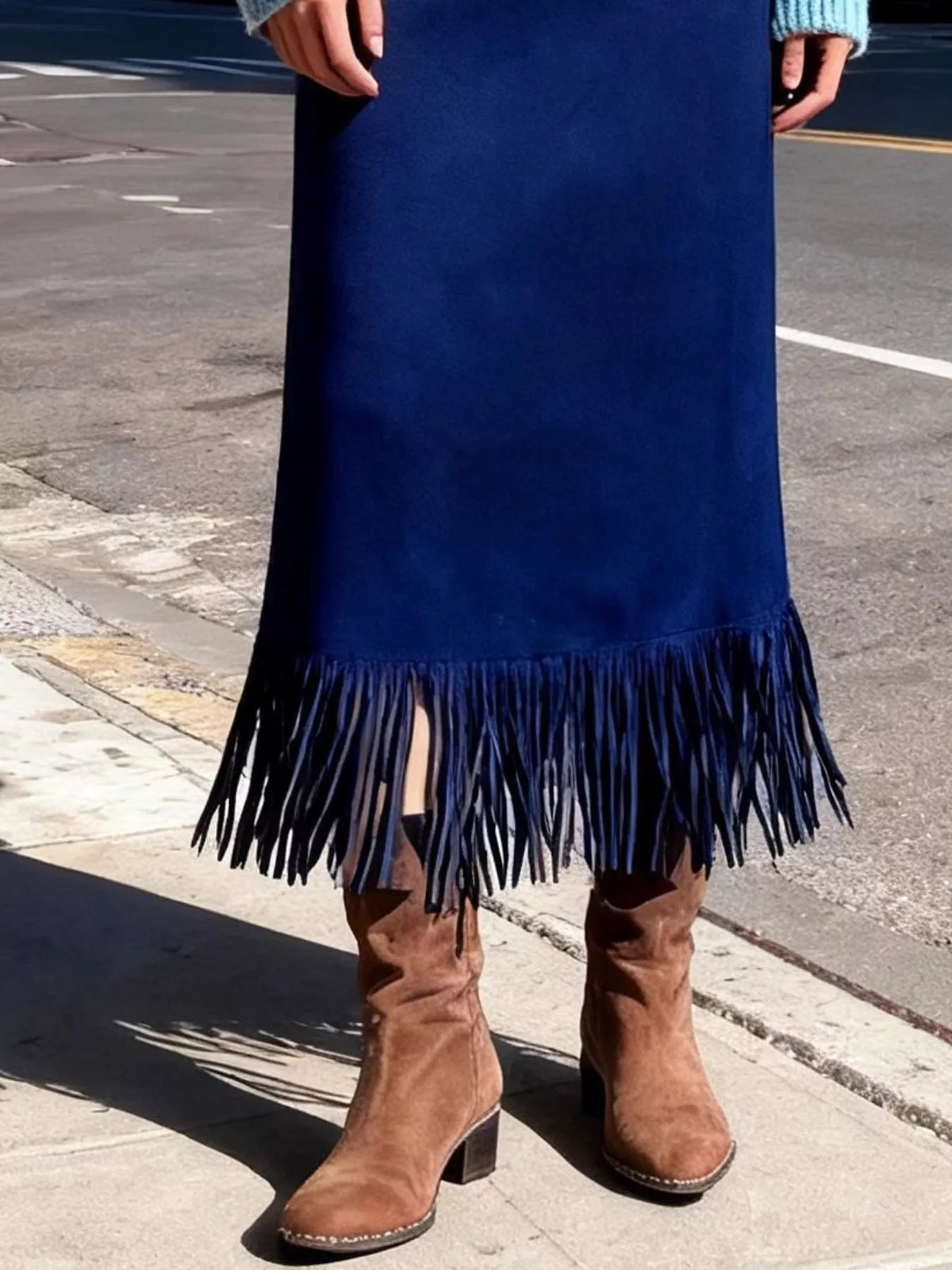High-Waisted Suede Fringe Midi Skirt