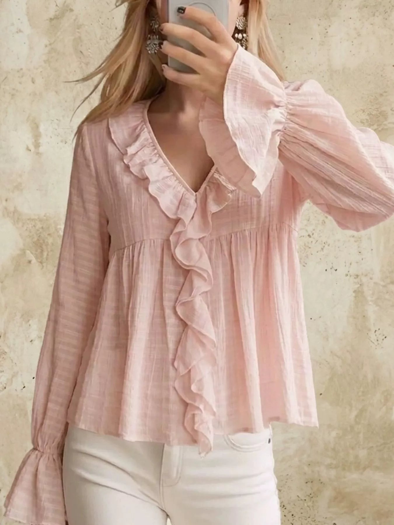 Ruffled V-Neck Flounce Sleeve Blouse
