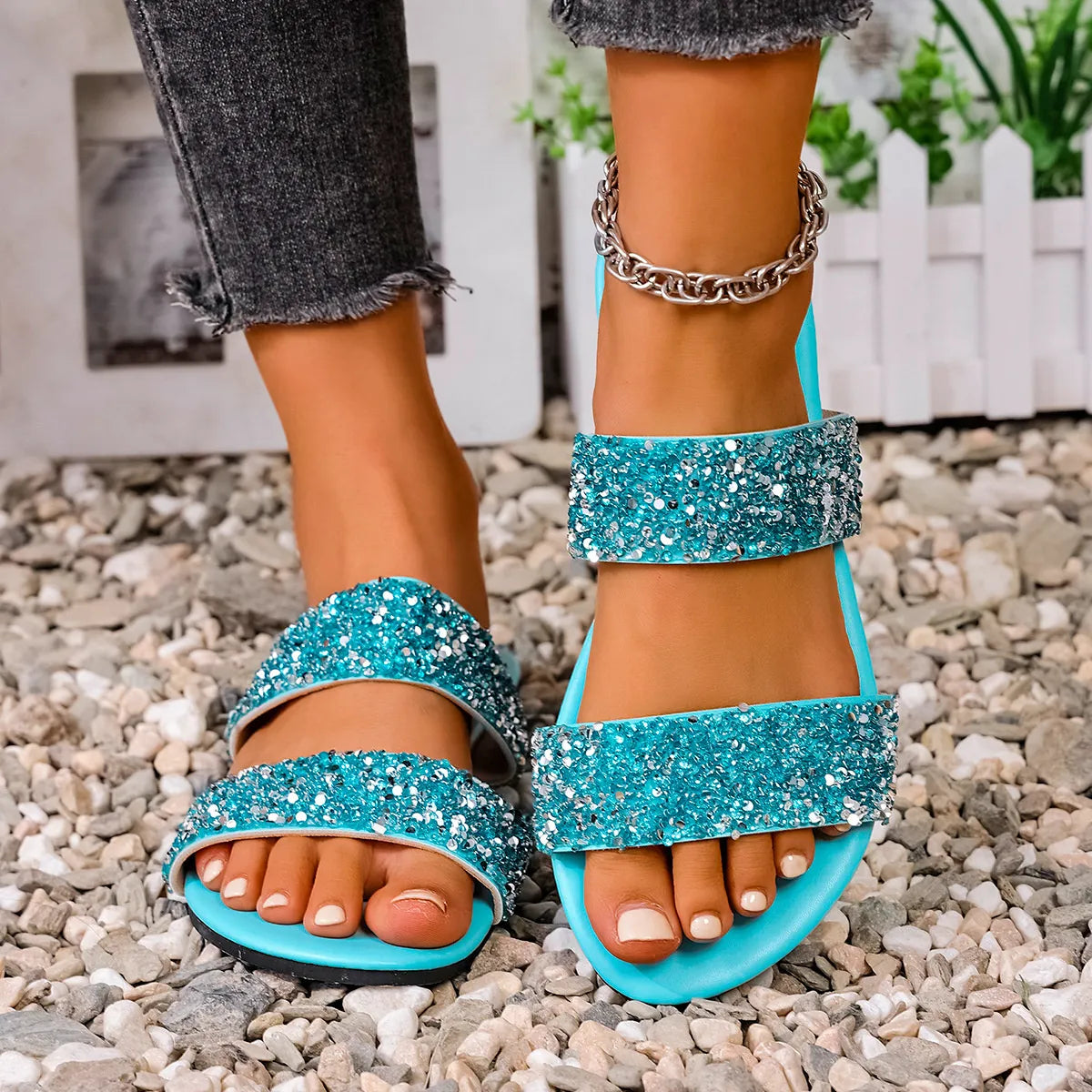Sequin Open Toe Flats Sandals