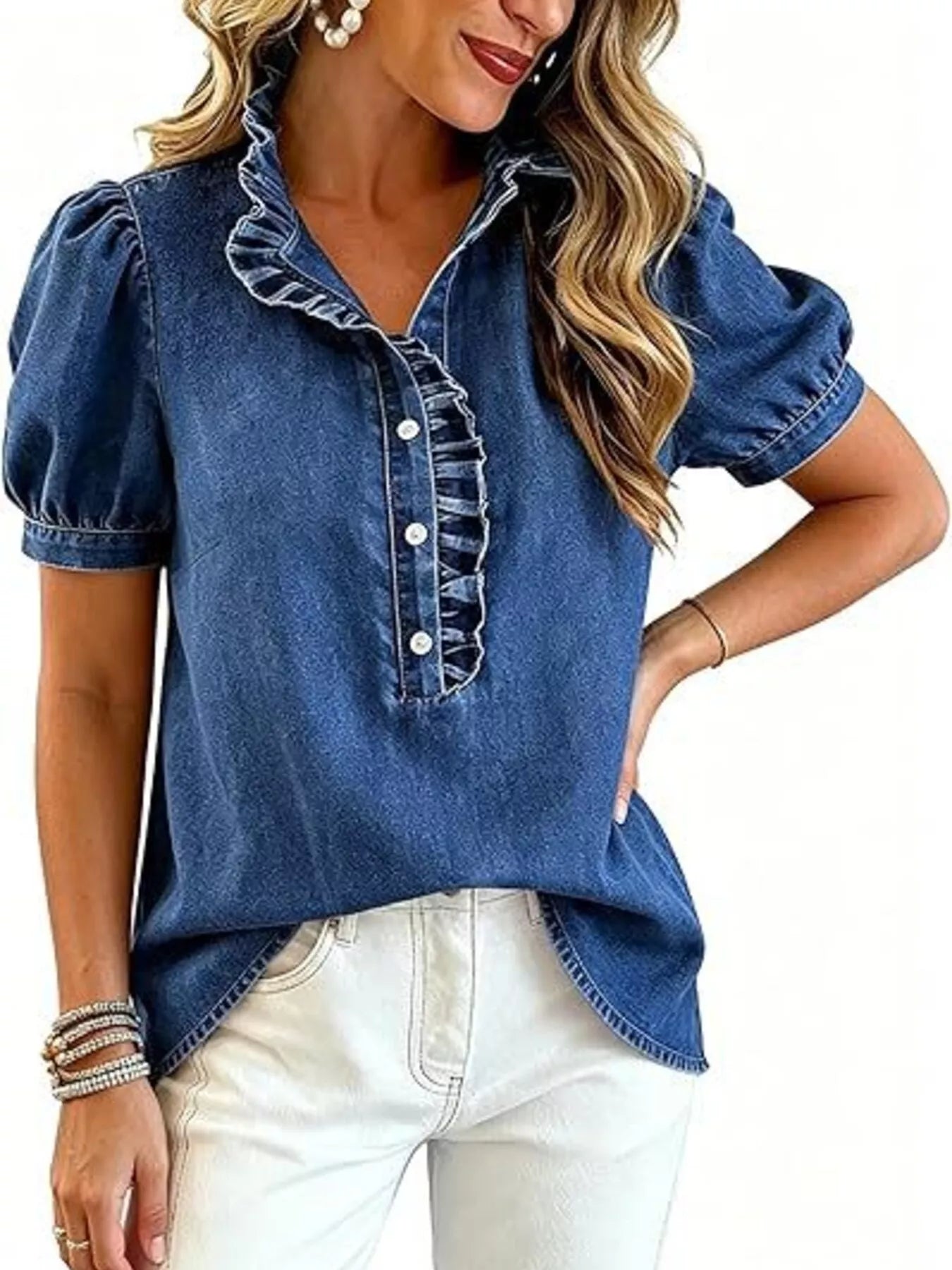 Frill Puff Sleeve Denim Top