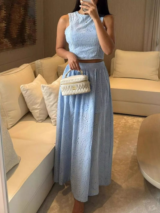Eyelet Crop Top and Maxi Skirt Set