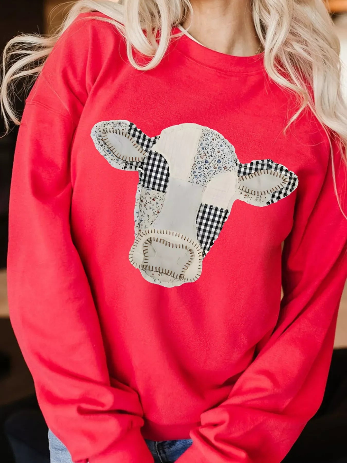 Western Patchwork Cow Drop Shoulder Sweatshirt