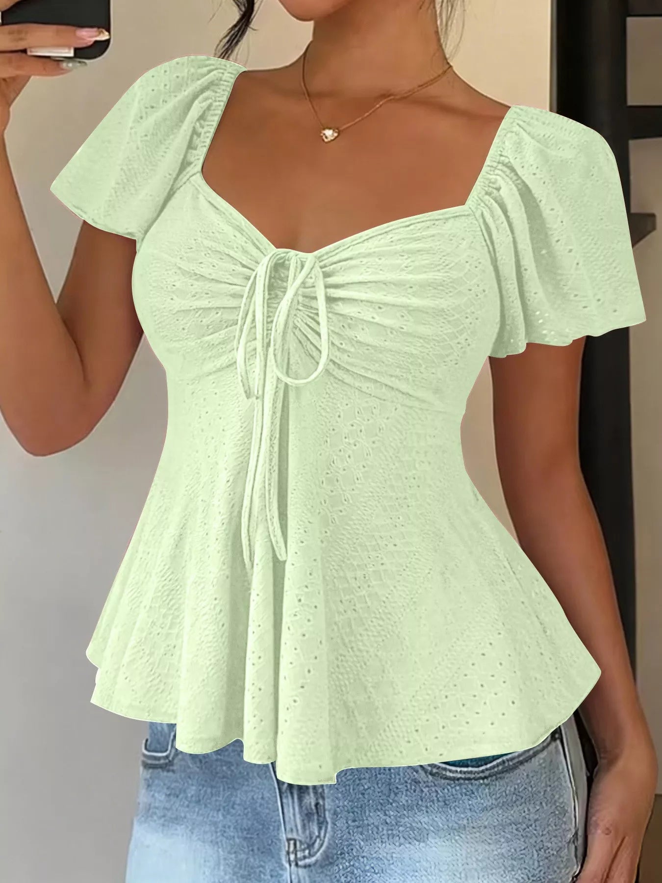 Ruched Flutter Sleeve Peplum Top
