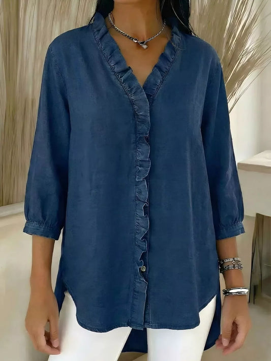 Full Size V-Neck Ruffled Button Down Shirt Plus Size