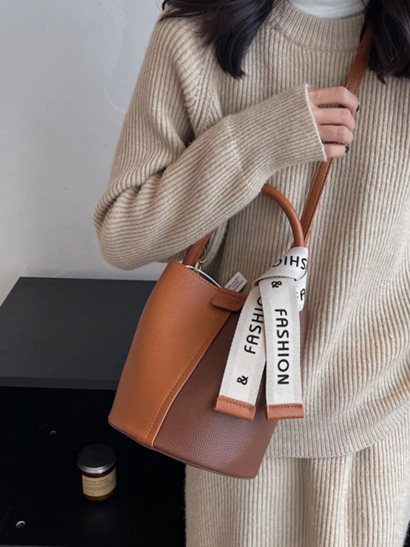 PU Leather Two-Tone Bucket Handbag